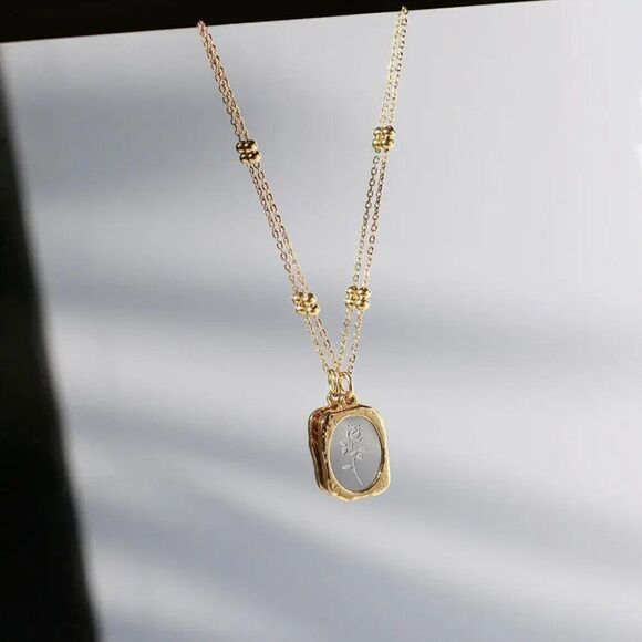 Two-Toned Gold and Silver Embossed Mirror Rose Pendant Necklace - Picture 6 of 11